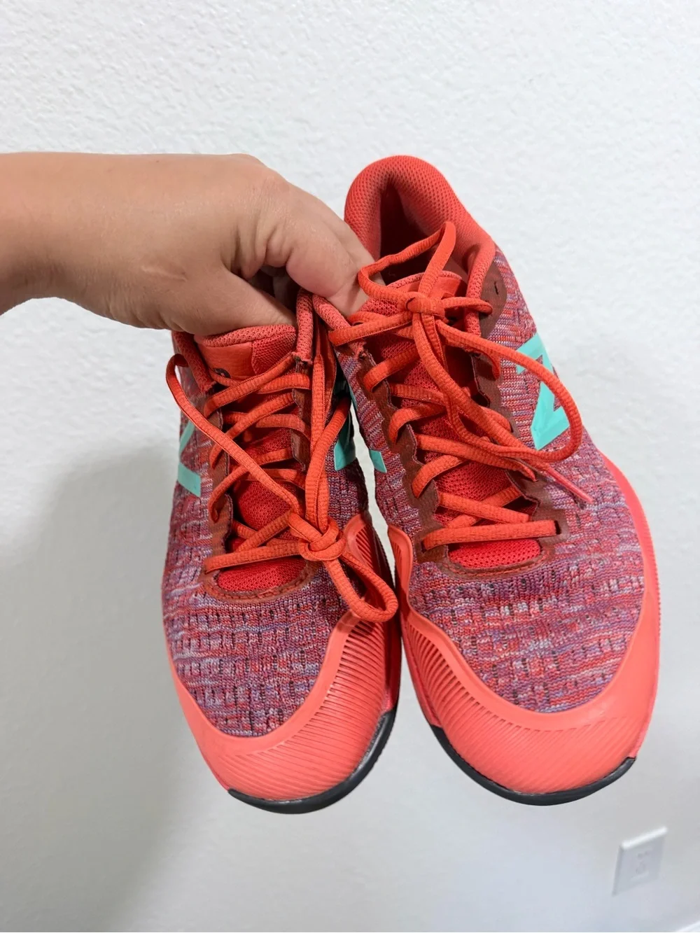 New Balance Red Knit Sneaker with Teal Logo tennis shoes